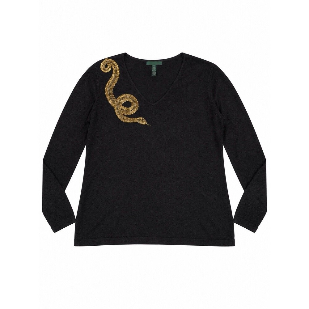 Lauren Ralph Lauren Silk Cashmere Gold Snake Black V Neck Sweater Plus Size 1X